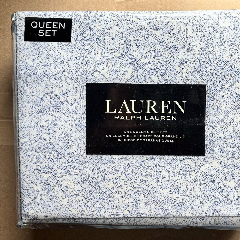 Ralph Lauren Distressed Blue Paisley QUEEN Size Sheet Set   crisp percale cotton